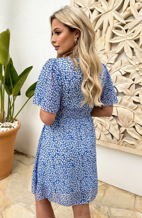 Getailleerde bloemenprint jurk Isa-May Blauw – shoparchief — foto 3