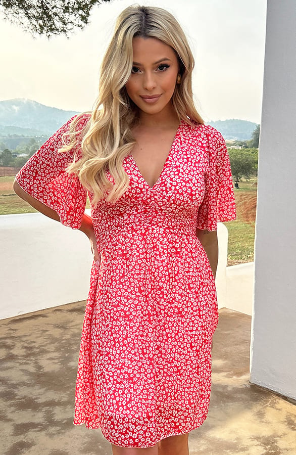 Getailleerde bloemenprint jurk Isa-May Rood – shoparchief