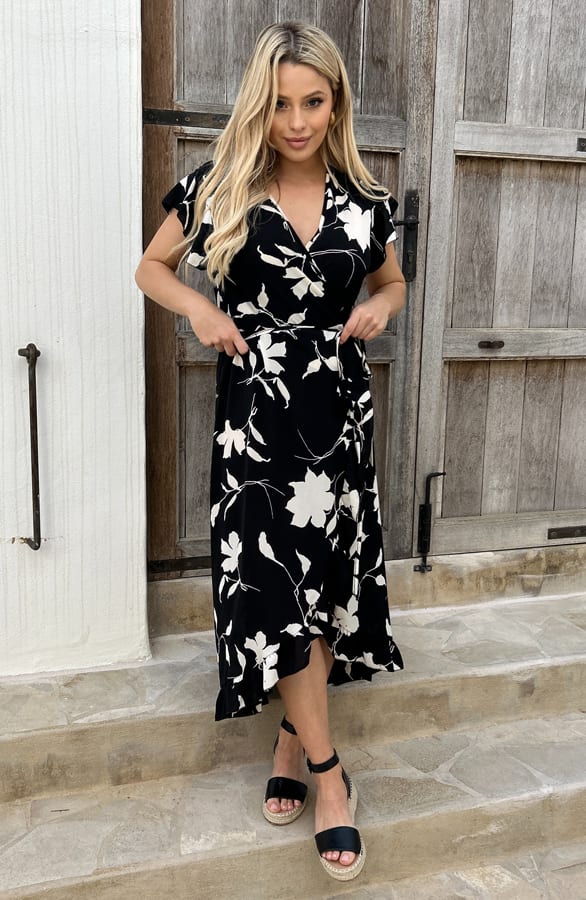 Midi Jurk Bloemen Jenny Zwart Beige – shoparchief — foto 2