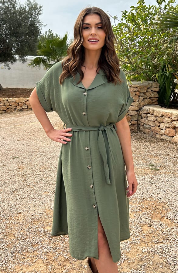 Midi Jurk Met Knopen Elise Legergroen – shoparchief — foto 3