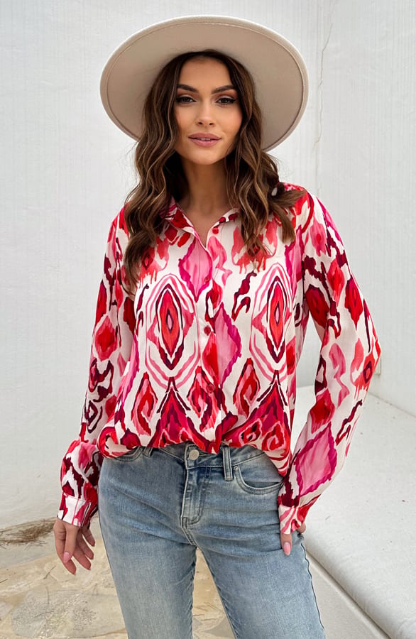 Print Blouse Katoen Inez Oranje Roze – shoparchief