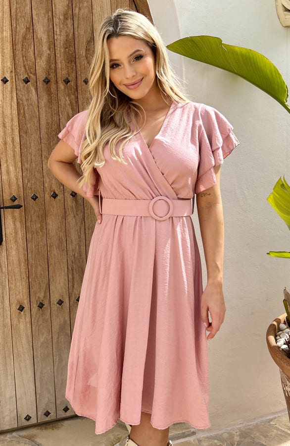 Ruffle Jurk Met Riem Nora Roze – shoparchief