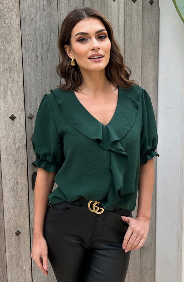 Short Sleeve Ruches Blouse Vaya Emerald – shoparchief — foto 3
