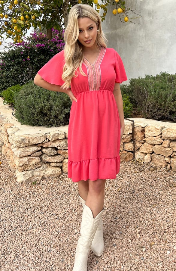 V-Hals Detailed Jurk Angelina Koraal – shoparchief — foto 5