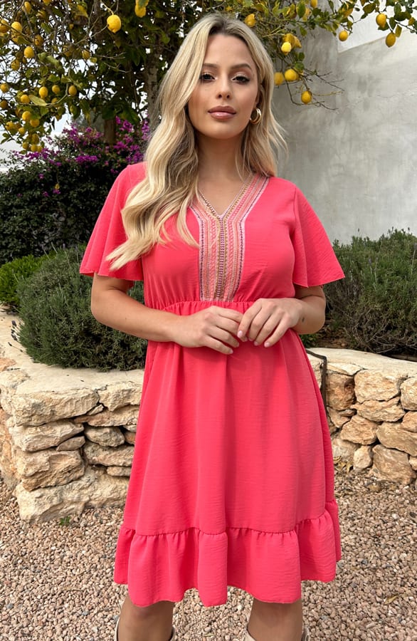 V-Hals Detailed Jurk Angelina Koraal – shoparchief — foto 2