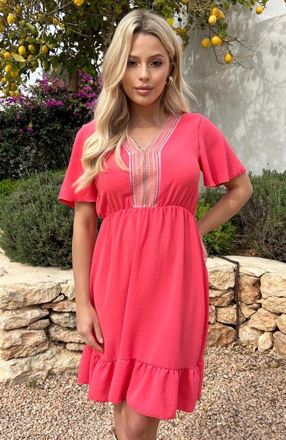 V-Hals Detailed Jurk Angelina Koraal – shoparchief