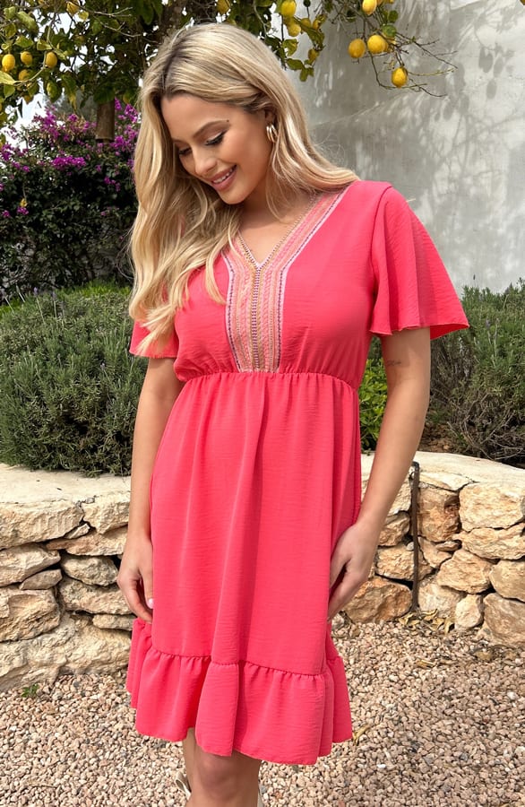 V-Hals Detailed Jurk Angelina Koraal – shoparchief — foto 3