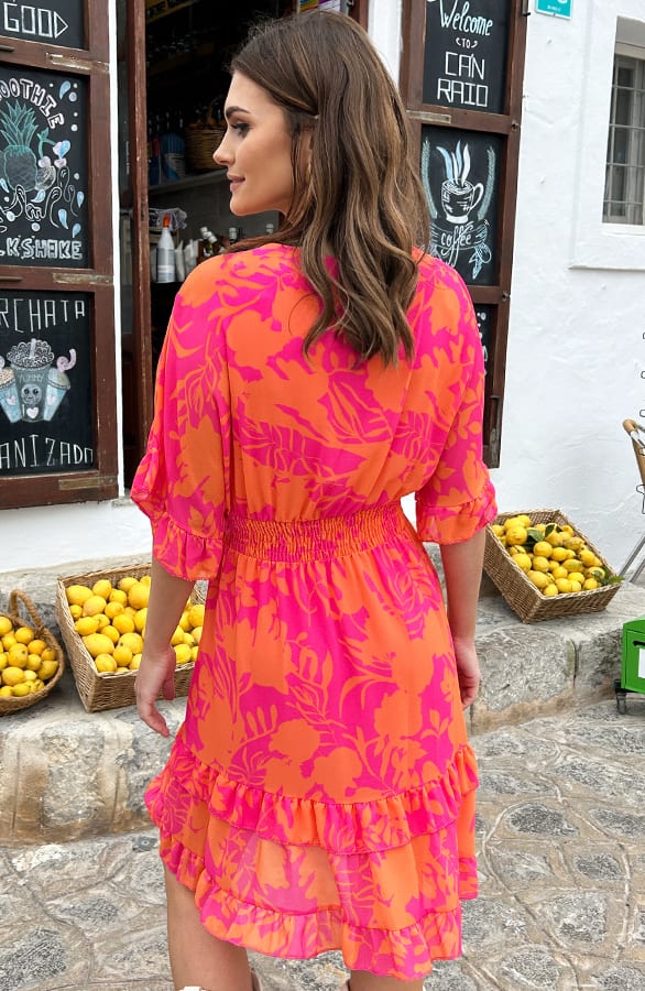 V-hals Print Dress Marrit Fuchsia Oranje – shoparchief — foto 10