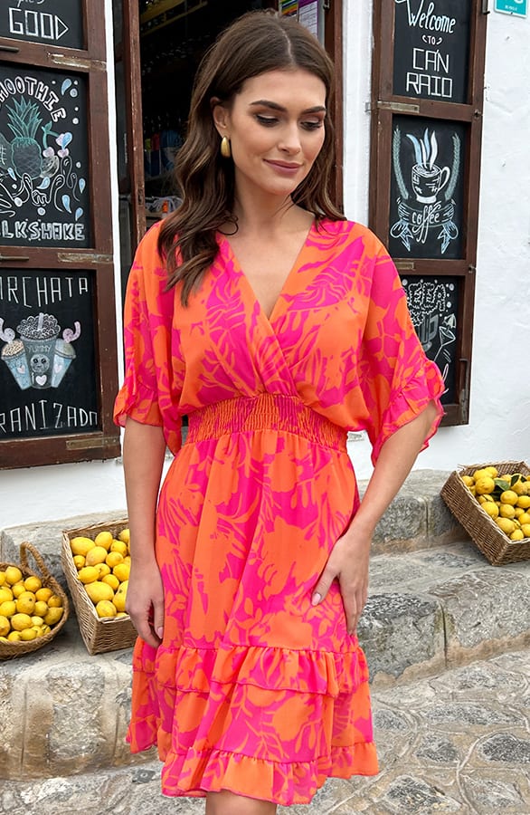 V-hals Print Dress Marrit Fuchsia Oranje – shoparchief — foto 8
