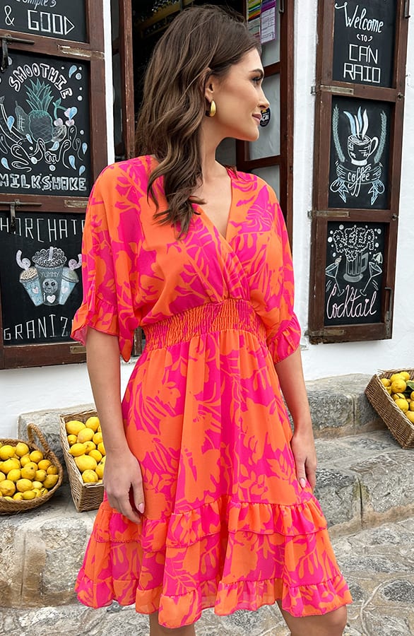 V-hals Print Dress Marrit Fuchsia Oranje – shoparchief — foto 9