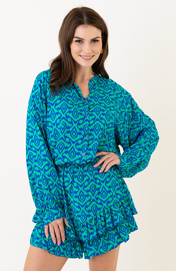 Aztec Print Blouse Julia Kobalt Groen – shoparchief