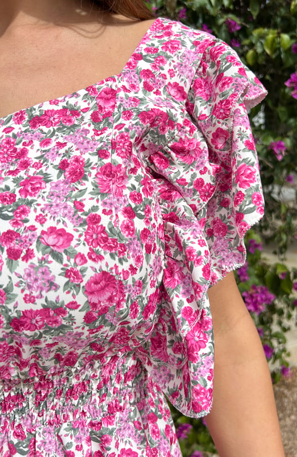 Bloemen Ruffle Jurk Strik Lana Fuchsia – shoparchief — foto 6