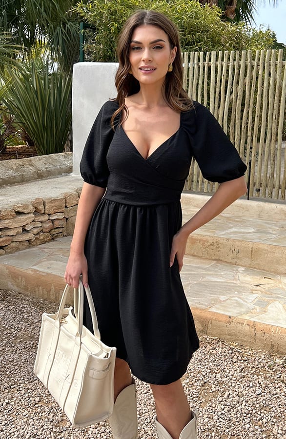 Elegante Pofmouw Jurk Milena Zwart – shoparchief — foto 5