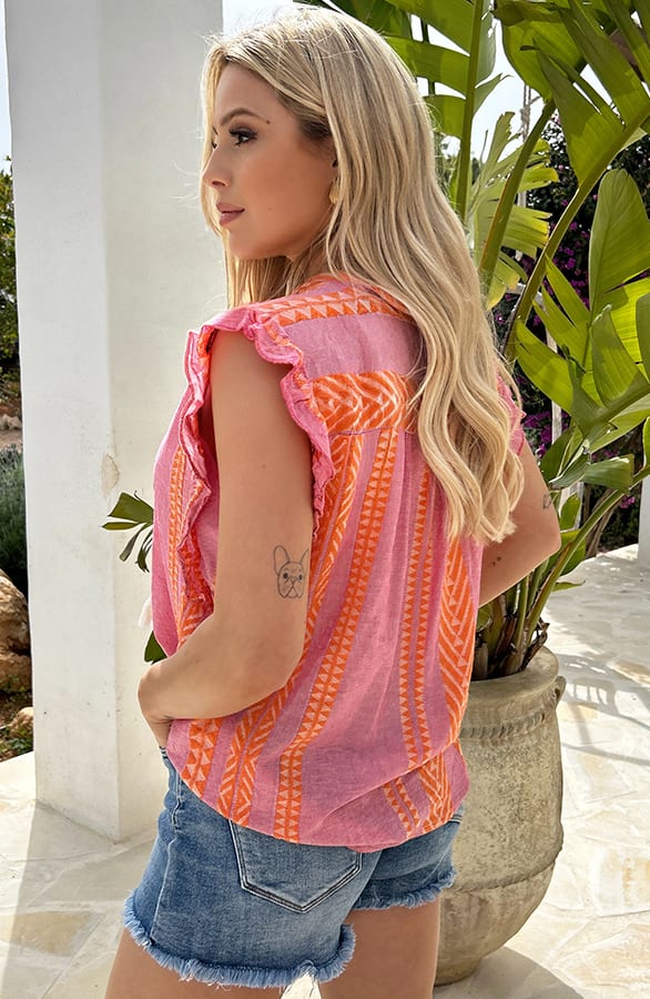 Print Ruffle Top Evita Pink Orange – shoparchief — foto 3