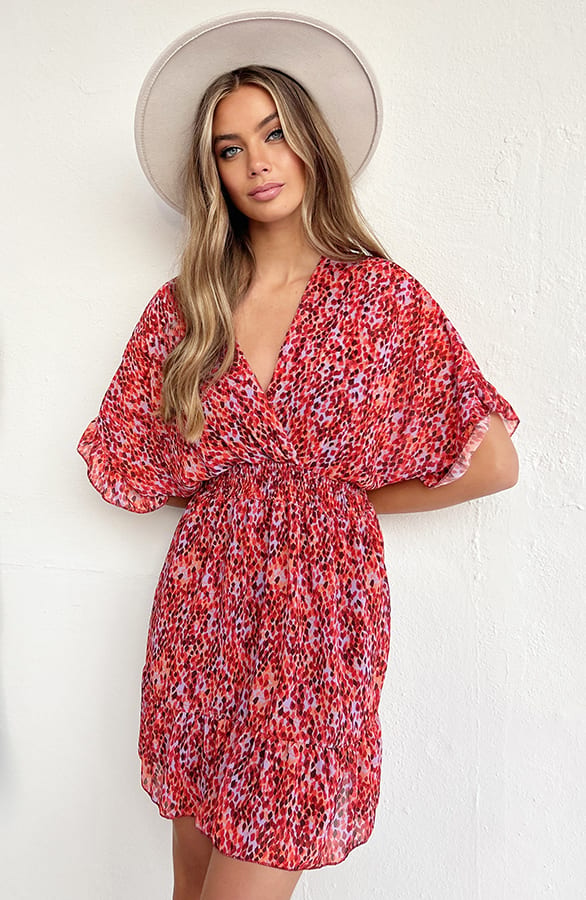 V-hals Print Dress Marrit Roze Rood Lila – shoparchief