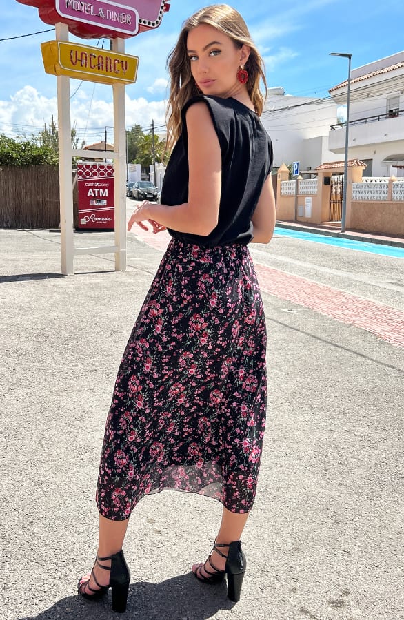 Bloemen Split Midi Rok Myra Zwart – shoparchief — foto 3