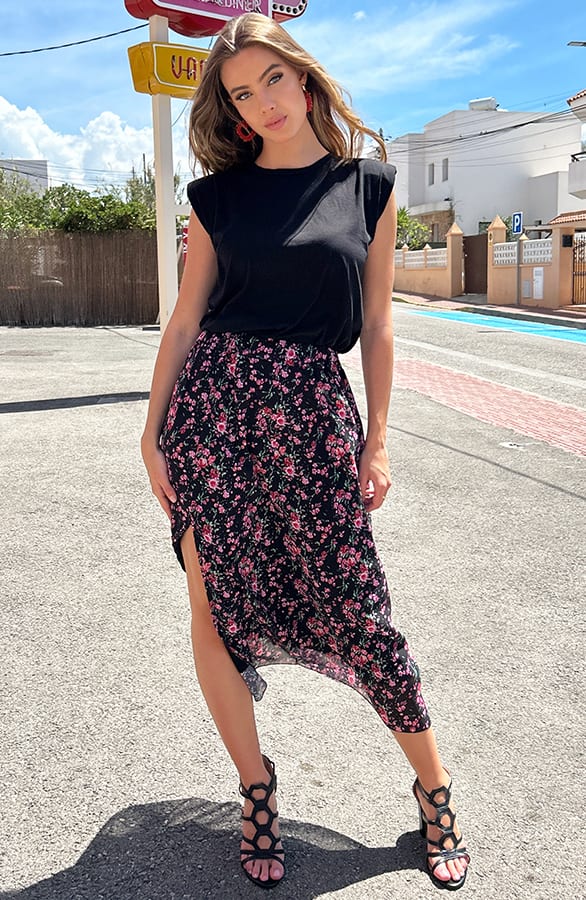 Bloemen Split Midi Rok Myra Zwart – shoparchief — foto 2