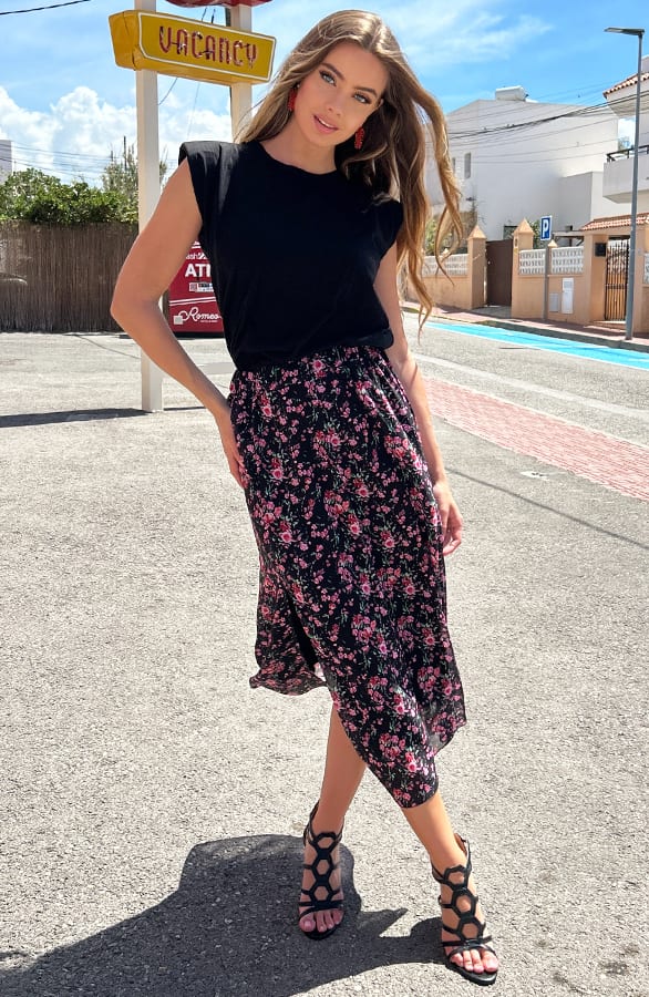 Bloemen Split Midi Rok Myra Zwart – shoparchief — foto 5