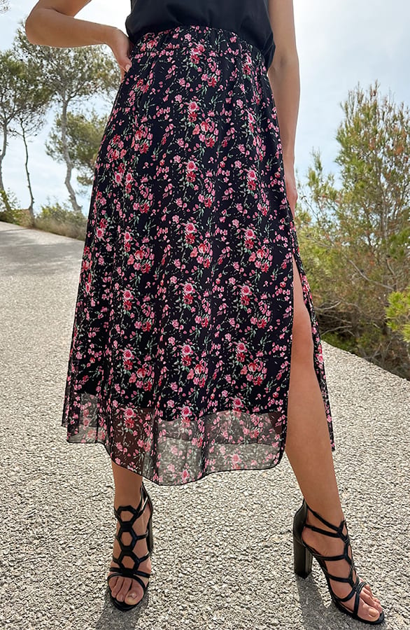 Bloemen Split Midi Rok Myra Zwart – shoparchief