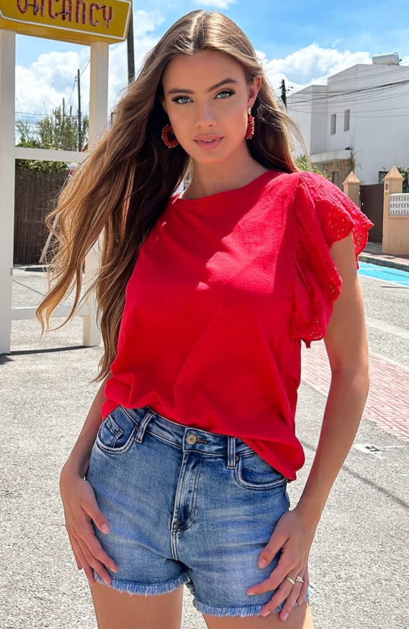 Broderie Detailed Top Leya Rood – shoparchief
