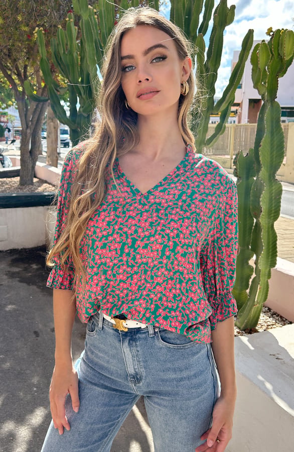 Flower Print Blouse Aimy Groen Roze – shoparchief — foto 4
