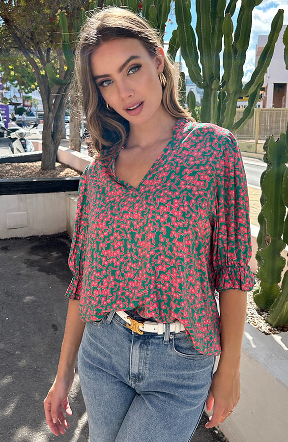 Flower Print Blouse Aimy Groen Roze – shoparchief — foto 3