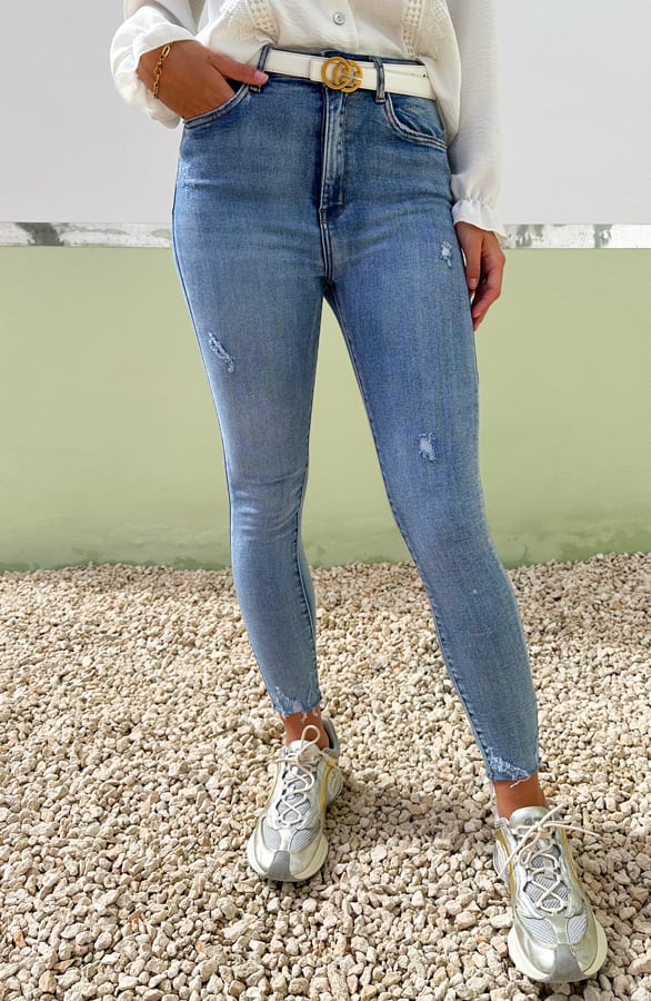 Hoge Taille Broek Damaged Izzy Light Blue – kleding