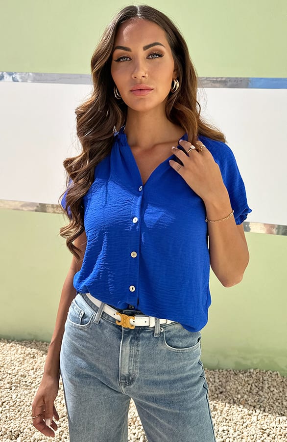 Pofmouwen Knopen Blouse Kobalt – shoparchief — foto 3