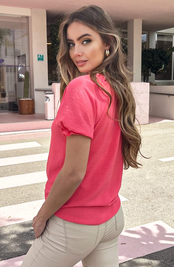 Pofmouwen Knopen Blouse Koraal – shoparchief — foto 2