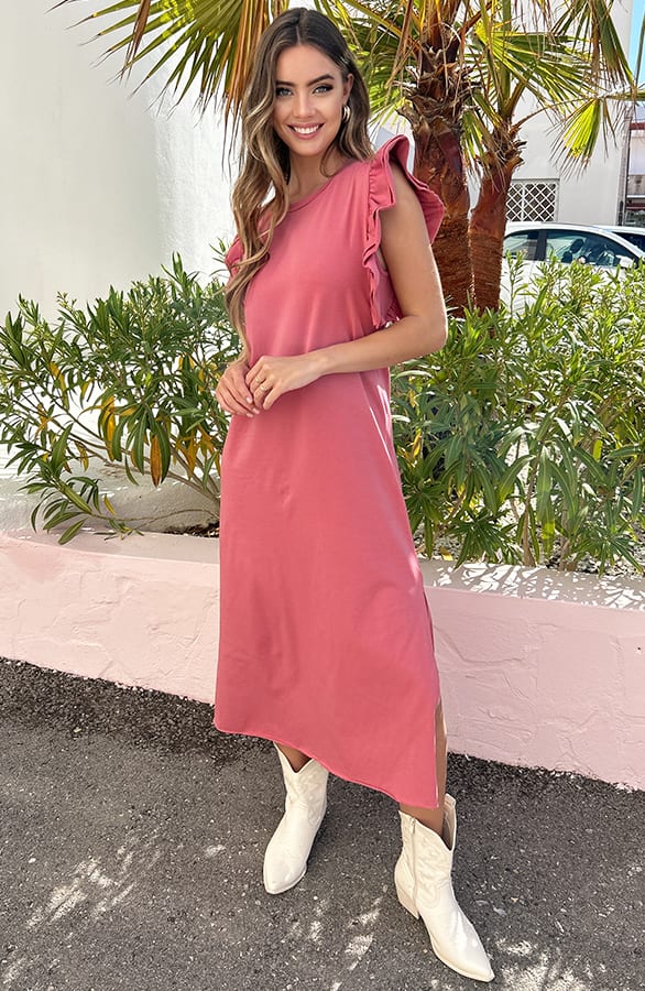 Lange Ruffle Jurk Met Split Fae Dust Roze – shoparchief — foto 3