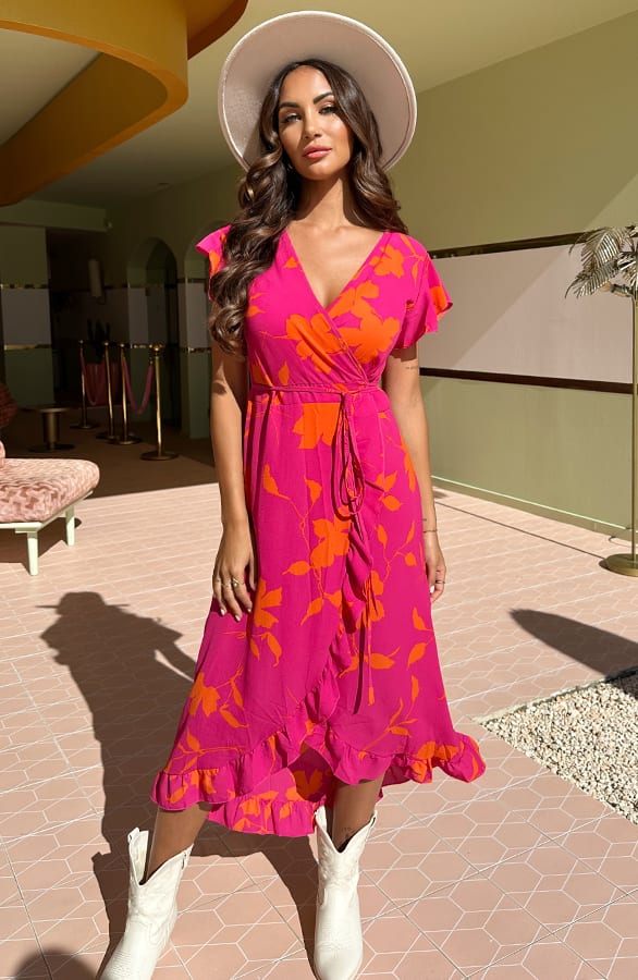Midi Jurk Bloemen Jenny Roze Oranje – shoparchief
