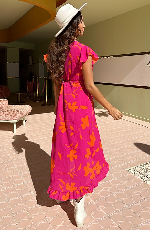 Midi Jurk Bloemen Jenny Roze Oranje – shoparchief — foto 3