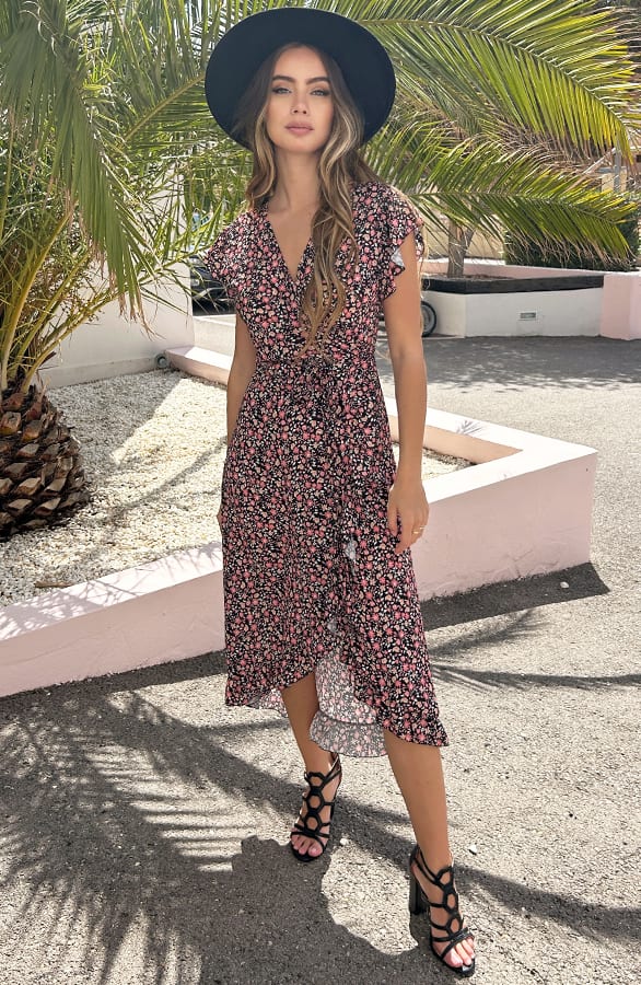 Midi Jurk Bloemenprint Jenny Zwart Koraal – shoparchief — foto 2