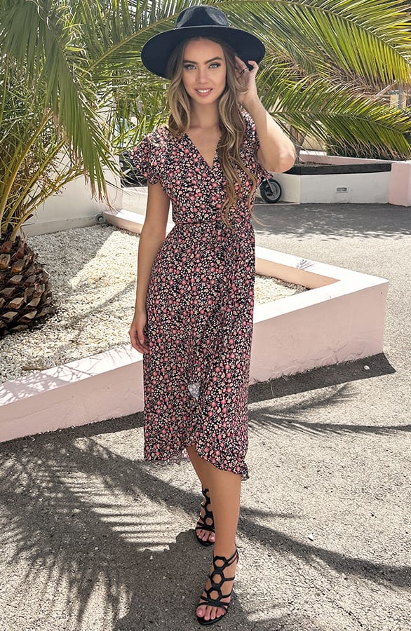 Midi Jurk Bloemenprint Jenny Zwart Koraal – shoparchief — foto 3
