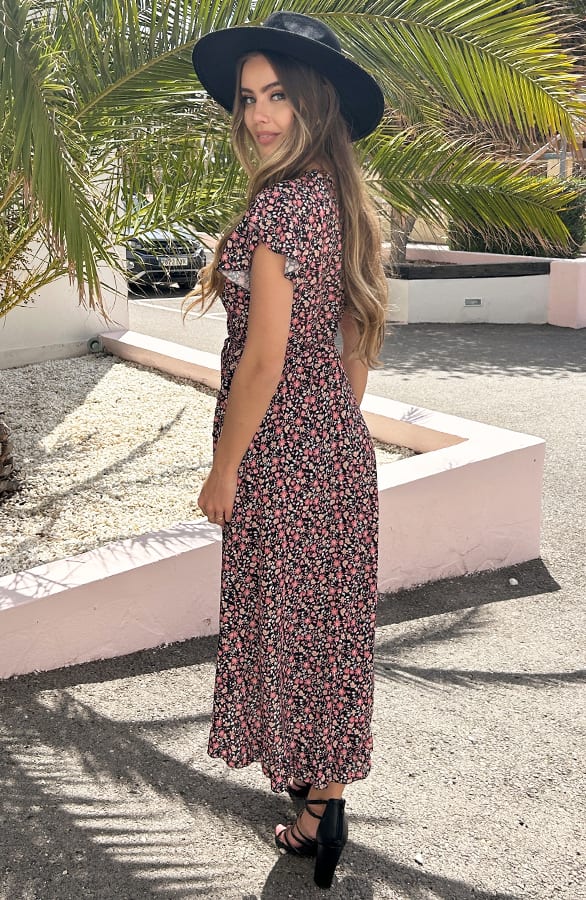 Midi Jurk Bloemenprint Jenny Zwart Koraal – shoparchief — foto 4