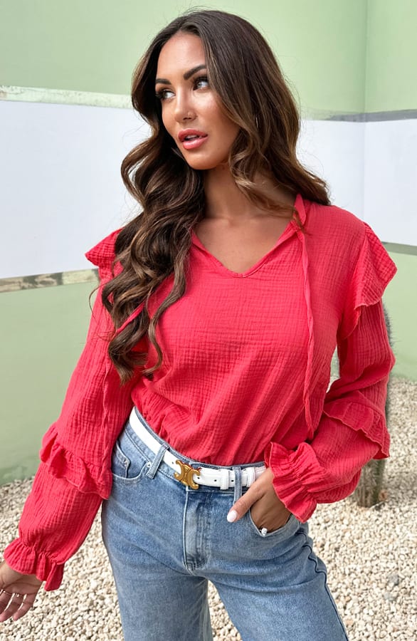 Mousseline Blouse Ruffle Romey Koraal – shoparchief — foto 5