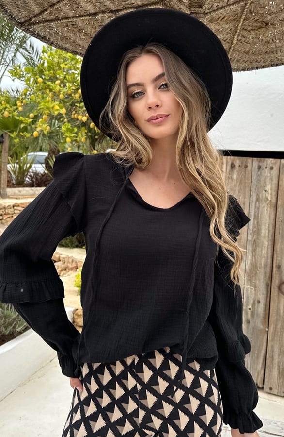 Mousseline Blouse Ruffle Romey Zwart – shoparchief