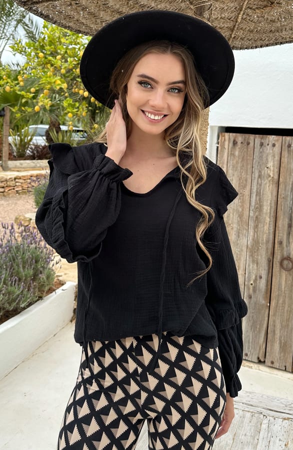 Mousseline Blouse Ruffle Romey Zwart – shoparchief — foto 2