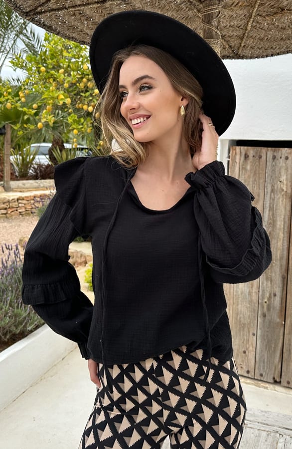 Mousseline Blouse Ruffle Romey Zwart – shoparchief — foto 4