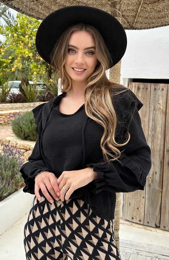 Mousseline Blouse Ruffle Romey Zwart – shoparchief — foto 3