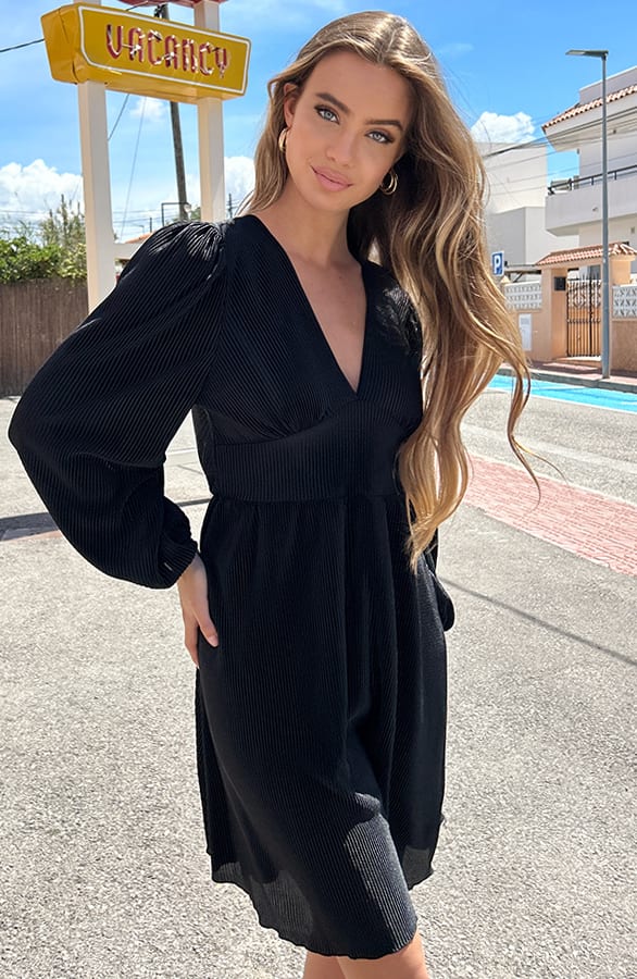 Plisse Pofmouwen Jurk Milou Zwart – shoparchief — foto 2