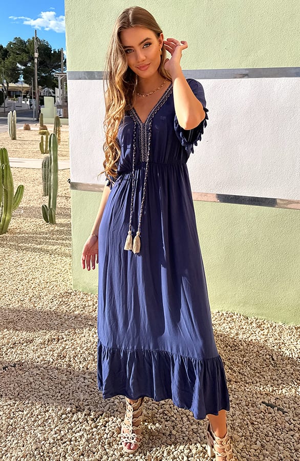 V-hals Lurex Jurk Maxi Maris Marine – shoparchief