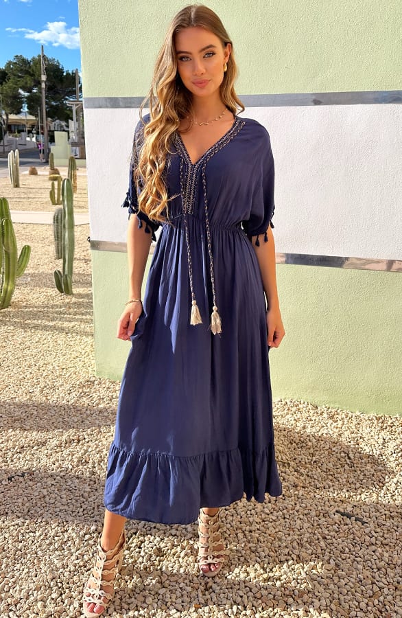 V-hals Lurex Jurk Maxi Maris Marine – shoparchief — foto 3