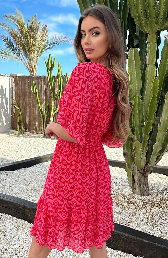 V-hals Print Dress Marrit Roze Rood – shoparchief — foto 2