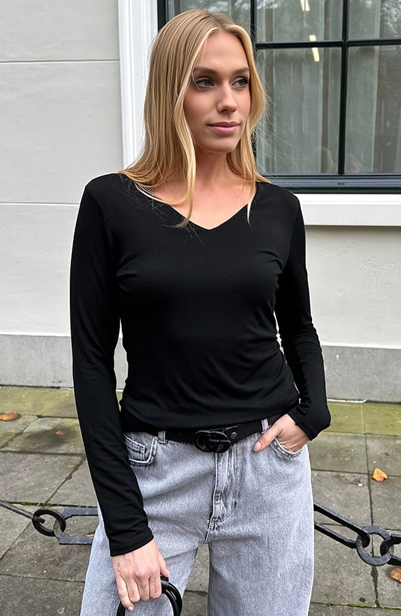 V-neck Long Sleeve Top Yulia Zwart – shoparchief — foto 4
