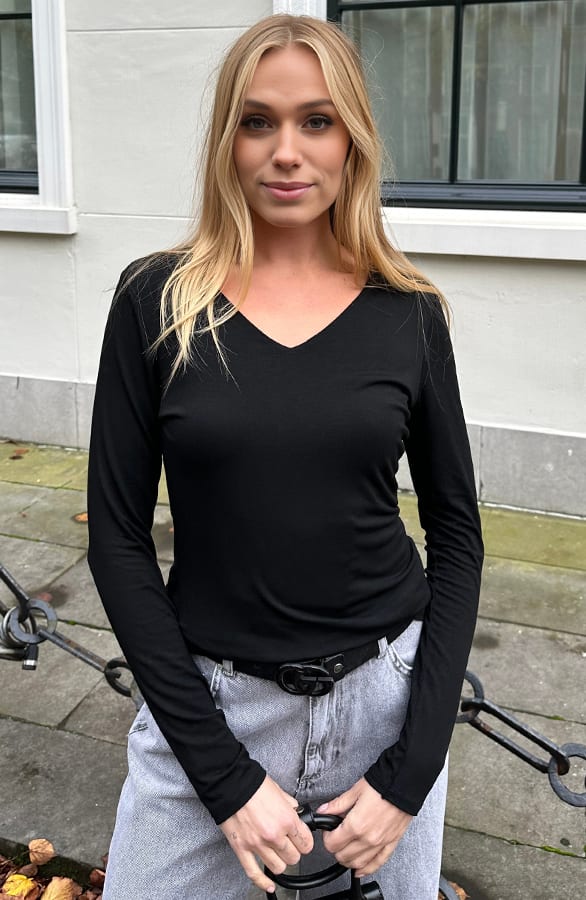 V-neck Long Sleeve Top Yulia Zwart – shoparchief — foto 6