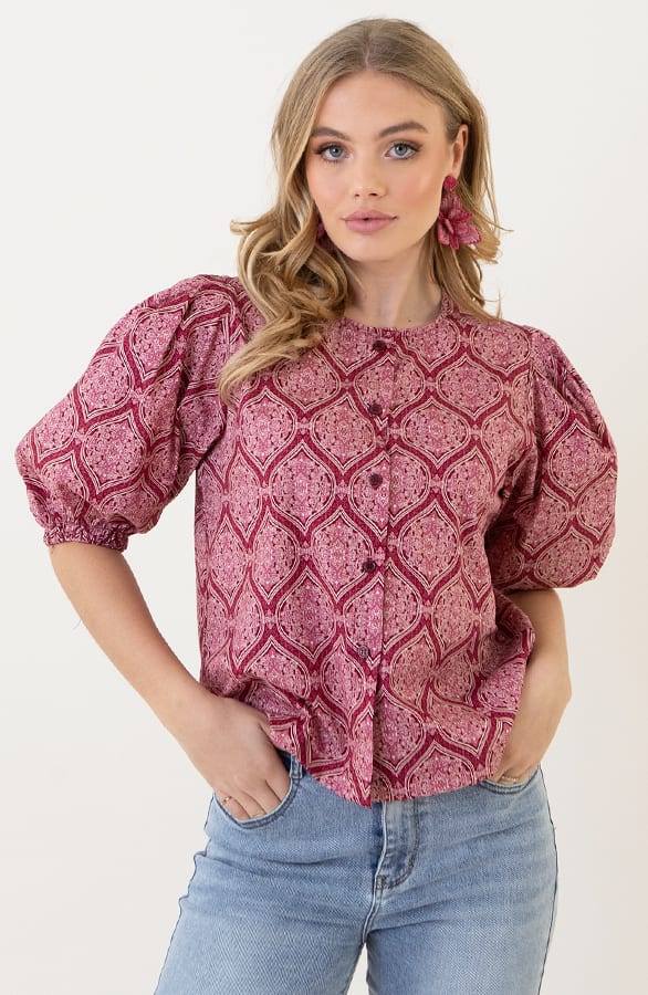 Katoenen Puff Sleeve Blouse Ines Wine – shoparchief — foto 4