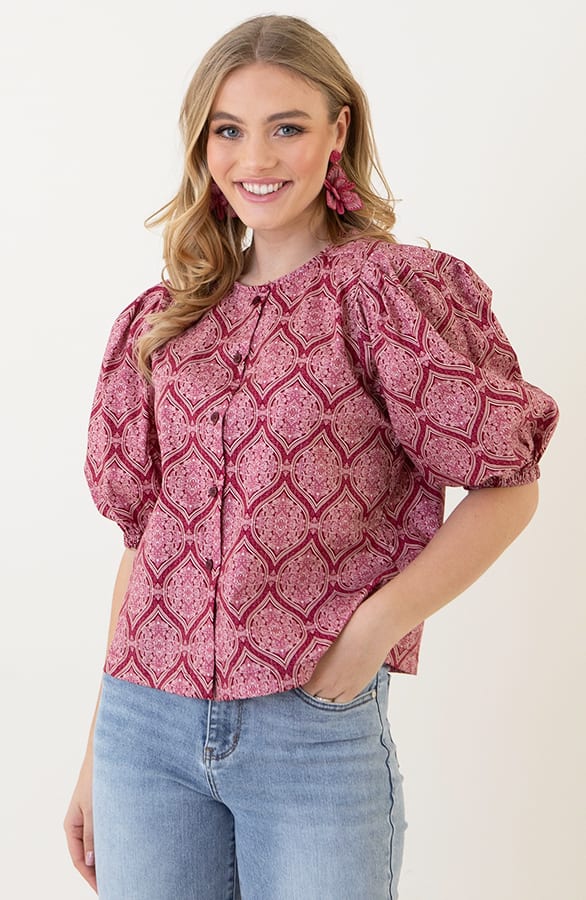 Katoenen Puff Sleeve Blouse Ines Wine – shoparchief — foto 3