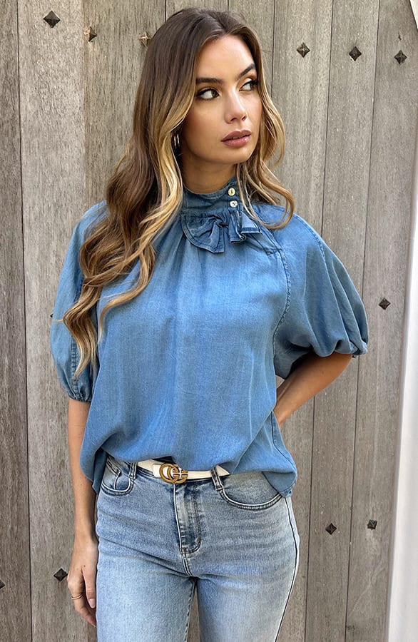 Bow Denim Blouse Pofmouwen Maeve – kleding