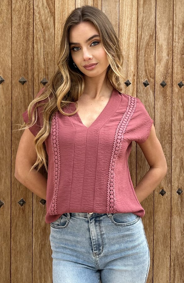 Detailed V-Hals Top Rosie Dust Roze – shirts & tops